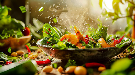 Asian food delivery. Chinese recipes. Flying wok ingredients - shrimp, vegetables, onions and peanuts.の素材