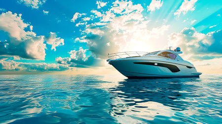 White speedboat in the sea on a background of blue sky with clouds.の素材