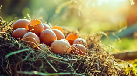 Fresh chicken eggs with nest. A pile of brown eggs in a nest.の素材