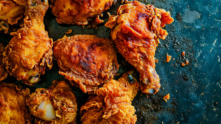 Fried chicken on a dark background, top view.の素材
