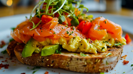 Scramble on toast with salmon and guacamole and olives. Smoked salmon with crumble egg toasted with salad.の素材