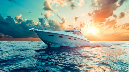 White speedboat in the sea on a background of blue sky with clouds.の素材