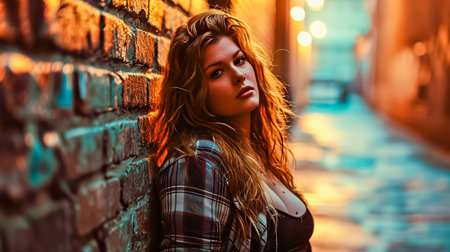 Stylish American plus size model at streets of city against graffiti wall.の素材
