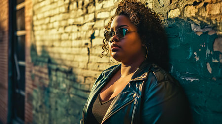 Stylish American plus size model at streets of city against graffiti wall.の素材