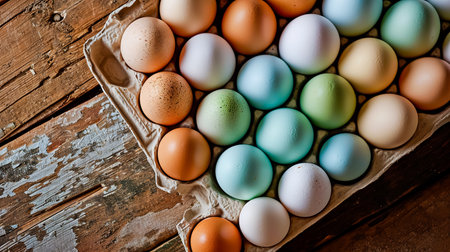 Lot of different color chicken eggs arranged by color on paper egg box. From natural organic farm.の素材