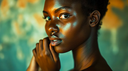 Young African American Woman with Perfect healthy smooth Skin touches her neck with her hand and looks at the camera.の素材