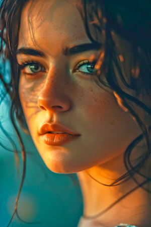 Portrait of lovely young woman in a dark hair, distinct facial features.の素材