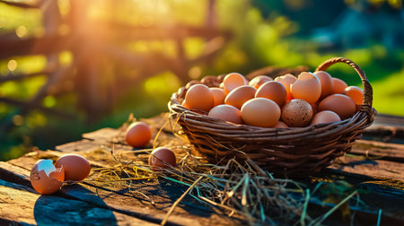Basket of chicken eggs on a wooden table over farm in the countryside.の素材