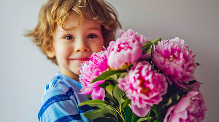 Cheerful happy child with Peonies bouquet. Smiling little boy on white background. Mother's Day.の素材