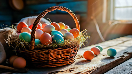 Basket of colorful chicken eggs on a wooden table in the chicken farm.の素材