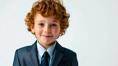 Child in suit in studio on white background with empty space.の素材