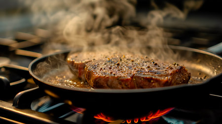 Steak cooking on the stove.の素材