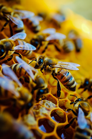 Closeup of bees on honeycomb in apiary.の素材