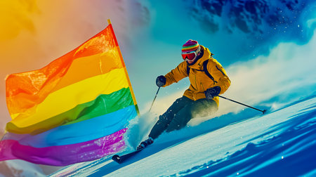 Woman snow bunny skiing. LGBT flag.の素材