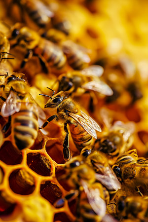 Closeup of bees on honeycomb in apiary.の素材