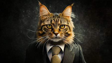 A cat is wearing a suit and tie, looking at the camera.の素材