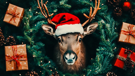A reindeer wearing a Santa hat and a wreath with presents around it.の素材