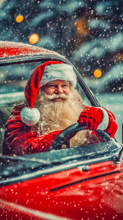 Santa Claus driving a car in the snow.の素材
