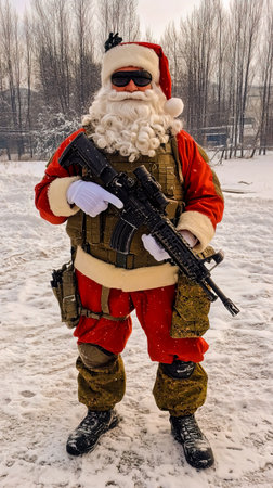 A man dressed as Santa Claus is holding a gun. The image has a dark and ominous mood, as the man is dressed in a festive outfit but is also holding a weapon.の素材