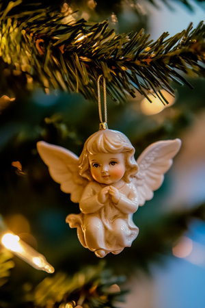 A small angel ornament hanging from a Christmas tree.の素材
