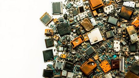 Top view of large heap of new transistors on white background.の素材