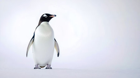A penguin standing on a white surface with a white background.の素材