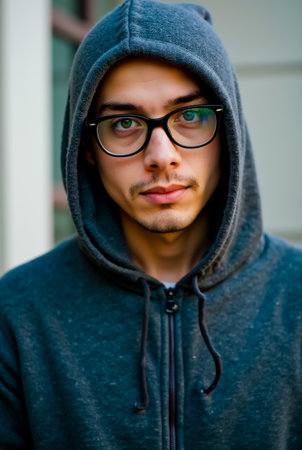 A young man with glasses and a hoodie looking at the cameraの素材