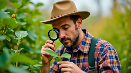 A man in a plaid shirt and a hat is examining a plant with a magnifying glassの素材