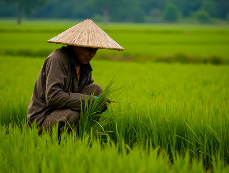 A man in a straw hat is crouched in a field of green rice plantsの素材
