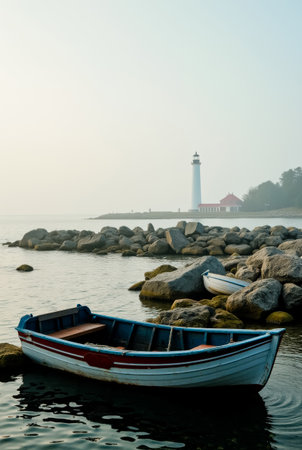 A small boat is docked on a rocky shore near a lighthouseの素材