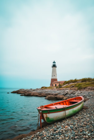 A red and white boat is beached on a rocky shore near a lighthouseの素材