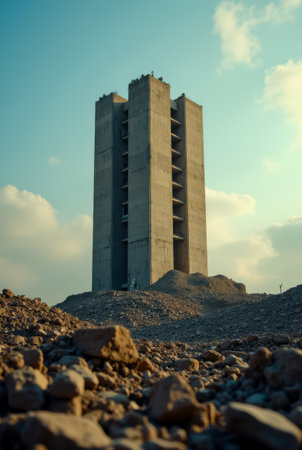 A tall concrete building with multiple levels stands in the middle of a rocky barren landscapeの素材