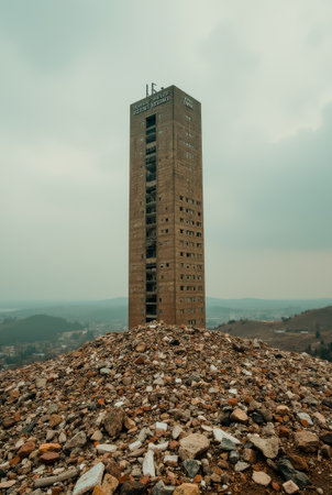 A tall abandoned building with many windows surrounded by a pile of rubbleの素材