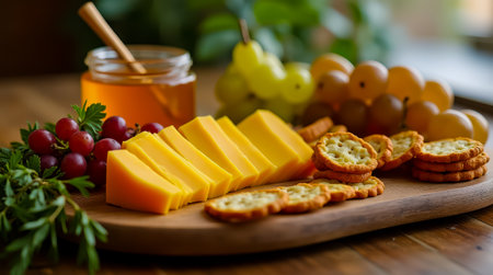 A wooden serving board with a variety of cheese crackers grapes and a jar of honeyの素材