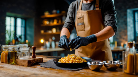 A person wearing a brown apron is preparing food on a wooden tableの素材