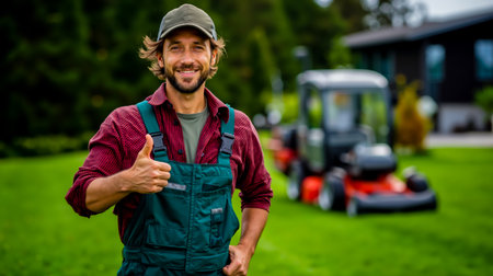 A man in a red shirt and green overalls is giving a thumbs up while standing in front of a red lawn mowerの素材