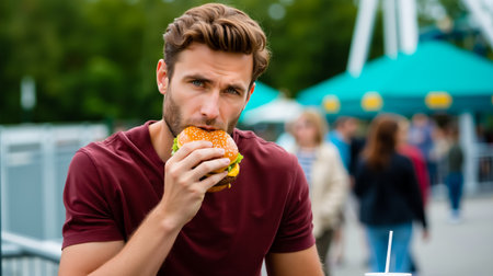 A man in a red shirt is eating a hamburgerの素材
