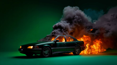 A green car is engulfed in flames and smokeの素材