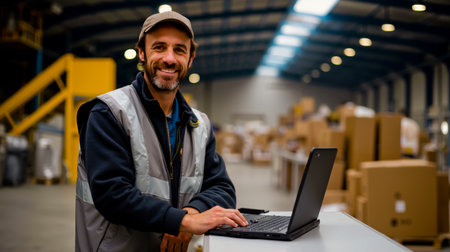 A man in a safety vest is smiling and using a laptop in a warehouseの素材