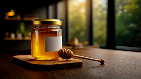A jar of honey with a honey dipper on a wooden tableの素材