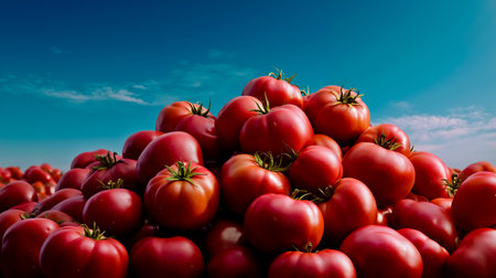A large pile of red tomatoes with green stemsの素材