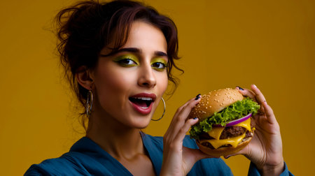 A woman with green eyes and yellow makeup is holding a large hamburger with a bite taken out of itの素材