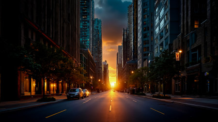 A city street at sunset with tall buildings on either side and the sun setting in the distanceの素材