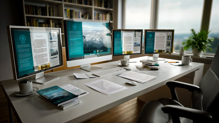 A modern office desk with a computer setup including a large monitor a smaller one a keyboard a mouse and various papers and booksの素材