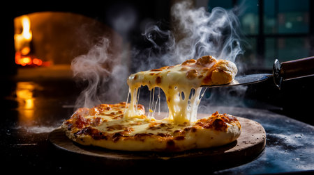 A pizza with melted cheese being pulled off with a spatulaの素材