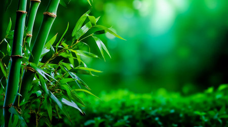 A close-up photograph of a bamboo plant with green leaves and stems set against a blurred green backgroundの素材