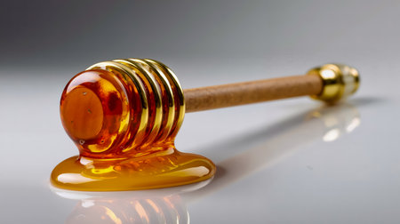 A golden honey dipper with a honey-filled handleの素材