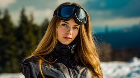 A woman with long blonde hair wearing ski goggles and a black jacketの素材