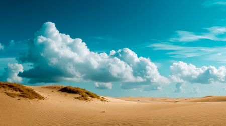 A desert landscape with sand dunes under a sky filled with fluffy white cloudsの素材