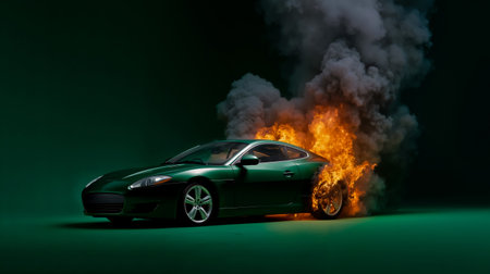 A green sports car is engulfed in flames and smokeの素材